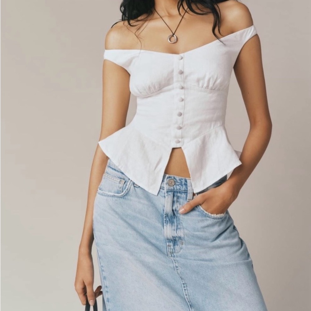 Reformation Off-Shoulder White Button Peplum Top